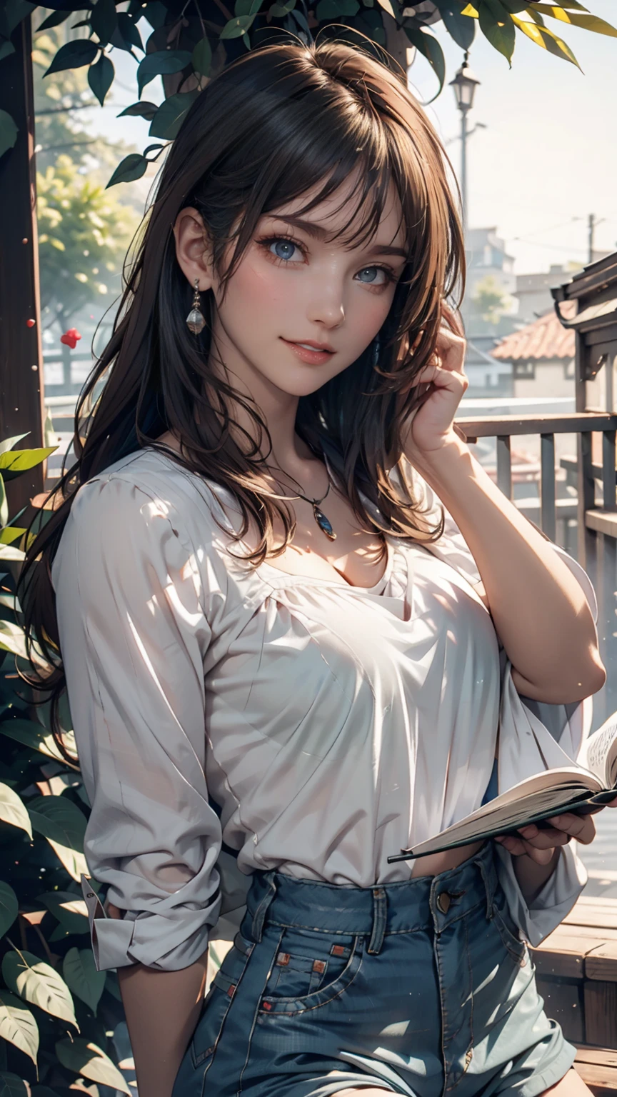 (a woman in sitting in a garden,short black hair, reading books,white camisole,detailed eyes,detailed lips,long eyelashes,beautiful,relaxed,greenery,flowerbeds,colorful flowers,ivy crawling on a fence,morning sunlight:1.1,soft lighting,natural ambiance)