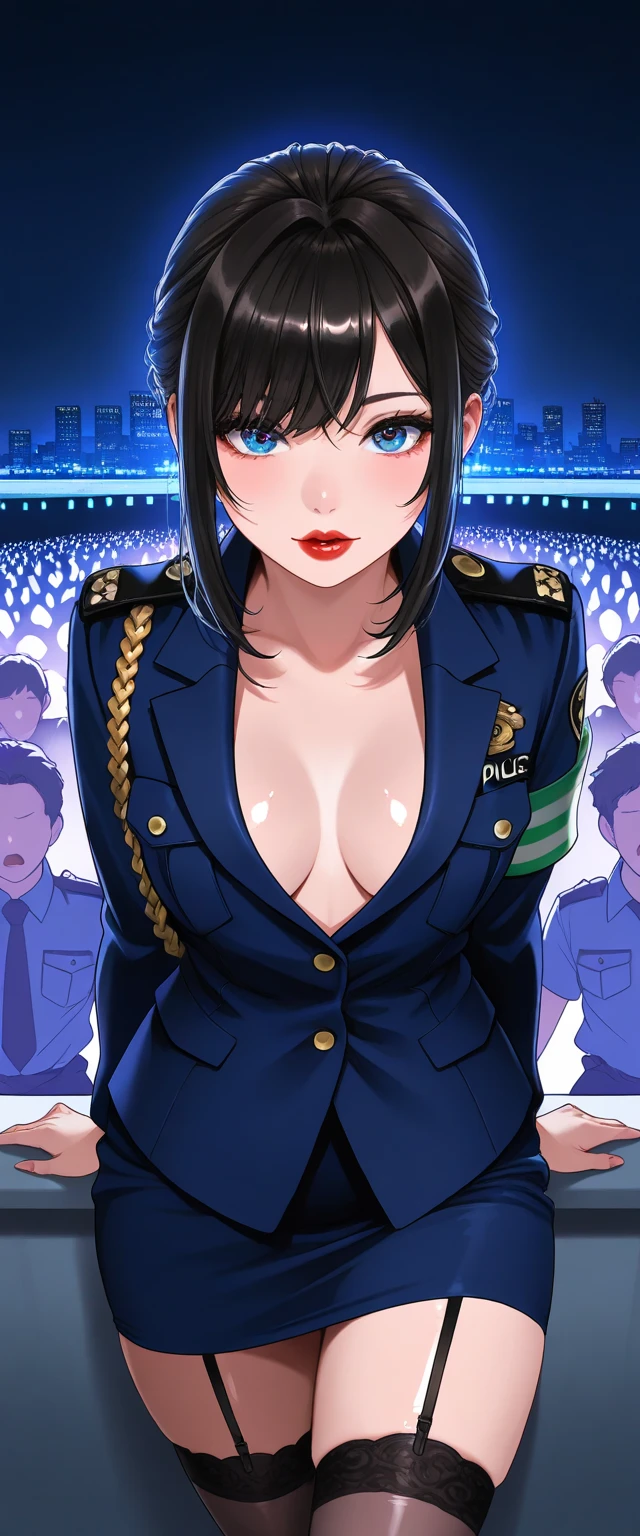 Alone, ( police uniform, Police Officer),  stockings, Citylights, ( watching the audience: 1.3), lips apart,  red lips, shiny skin,  dents on the skin ,  top quality,  super high resolution