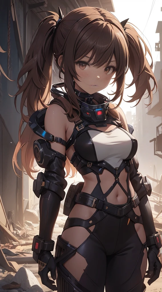 A lone mature girl, Waist long light brownr hair, , Gold eyes, yellow eyes, Beautiful face, masterpiece, best quality, expressive eyes, perfect face, forehead protector, Short heat sword, , white rubber skin tight suit, yellow glove, full leg white stocking, exposed chest , sci-fi city , High detail mature face, combat suit, high res, ultra sharp, She stands confidently in the center of the poster, Shooting pose,explosion effect, a determined expression on her face。The background is dark and gritty,There is a sense of danger and a strong feeling。The text is bold and eye-catching,With catchy slogans,Adds to the overall drama and excitement。The color palette is dominated by dark colors,Dotted with bright colors,Make the poster dynamic and visually striking,(Magazines:1.3), (Cover-style:1.3), Fashion, vibrant, Outfit, posing on a, Front, rich colorful,Background with,element in,self-assured,Expressing the,halter,statement,Attachment,A majestic,coil,Runt,Touching pubic area,Scenes,text,Cover of a,boldness,attention-grabbing,titles,Fashion,typeface,,Best quality at best,Hyper-detailing,8K ,hyper HD