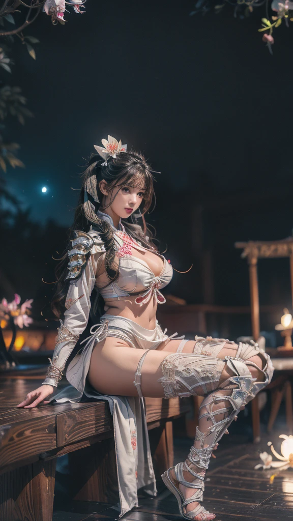  Sexy female character wearing white armor as a warrior from the Sengoku period 、((twintails, spiral curls hair))、((onyx black hair))、((toned body))、(glistening skin)、 Tight Body 、((mega breasts 1.8))、 plump breasts 、 plump thighs 、 The white armor with a bell orchid pattern engraved on it is bikini type and is designed to emphasize chest exposure、( Wear a cape with a Suzuran flower pattern )、gypsy skirt、 white shin guard with a bell orchid flower engraved on it 、White high-leg underwear 、White tights、 absolute domain、((acrobatic pose))、Dramatic lighting、night sky with star、Big Moon、(( The bell orchid flowers are blooming in full bloom in the background ))、((Large bell orchids in full bloom ))、 cinema-like scene 、Background　lily of the valley