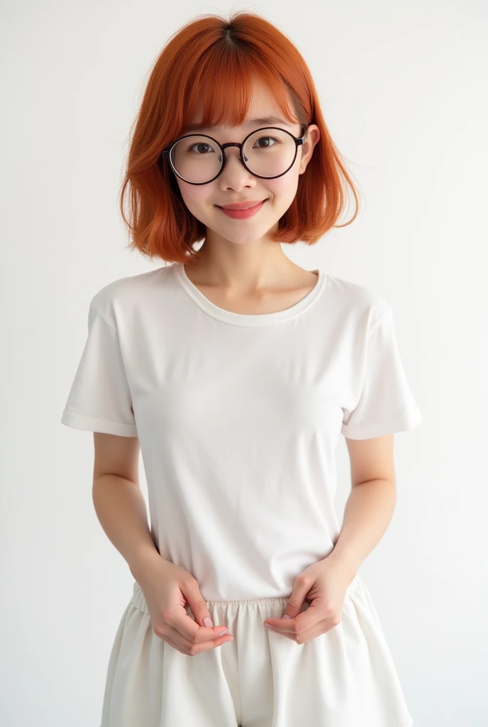 a 27-year-old female character wearing gorgeous orange glasses and smiling wearing a plain orange knit T-shirt, very short and spiky orange brown hair, LEANING AGAINST AN ORANGE WALL, FULL BODY, smiling, cinematic lighting, shallow depth of field, 8k uhd, dslr, 35mm 1.8 lens, masterpiece, high quality, photorealistic, realism, hyperrealism, art photography --auto --s2