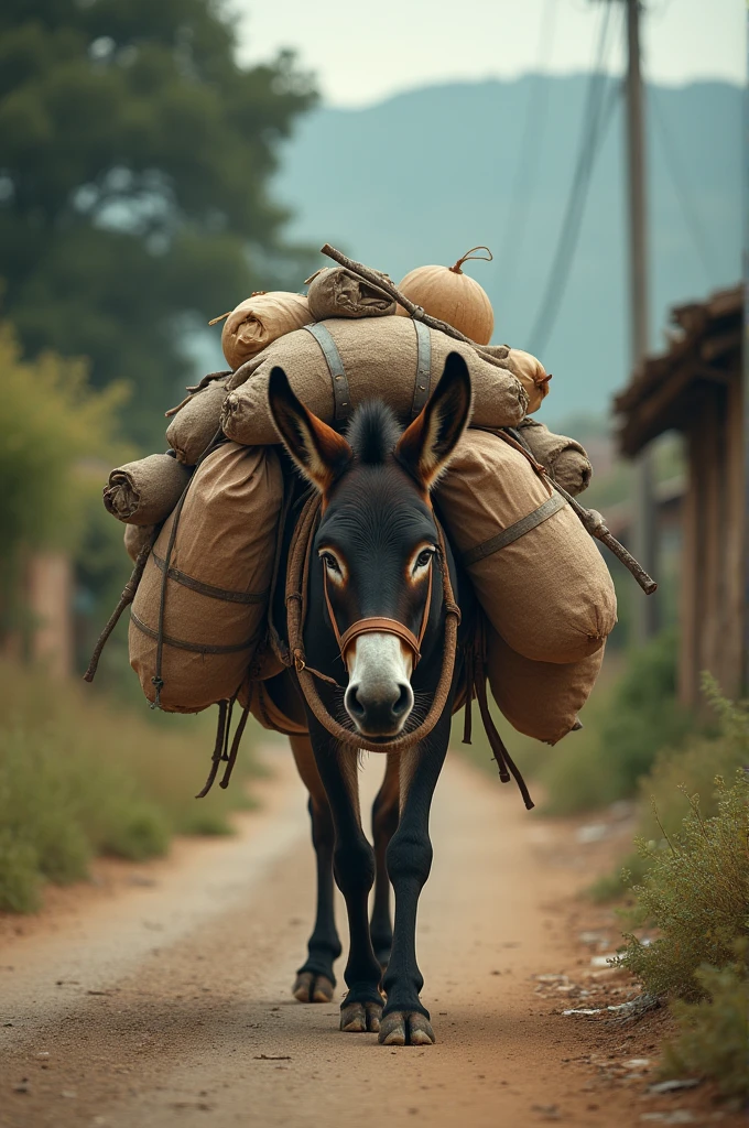 A donkey is sitting inside many sacks of water on his back. The sacks are soaked
