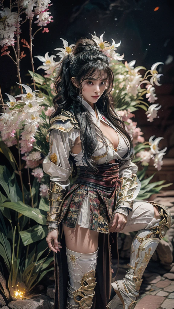  Sexy female character wearing white armor as a warrior from the Sengoku period 、((twintails, spiral curls hair))、((onyx black hair))、((toned body))、(glistening skin)、 Tight Body 、((mega breasts 1.8))、 plump breasts 、 plump thighs 、 the white armor with the lily of the valley pattern engraved on it is a bikini type that emphasizes chest exposure designs、( Wear a cloak with a lily of the valley floral pattern )、pgypsy skirt、 white shin guard with lily of the valley flowers engraved 、White high-leg underwear 、White tights、 absolute domain、((acrobatic pose))、Dramatic lighting、An old village from the Sengoku period 、night sky with star、(( lily of the valley flowers in full bloom in the background ))、(( large lily of the valley flowers in full bloom ))、 cinema-like scene 、Background　lily of the valley