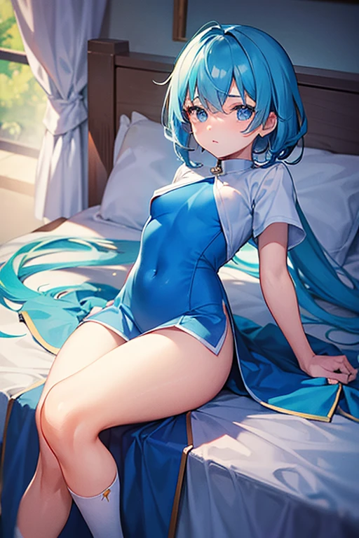 NSFW,One girl,hoshimachi suisei,blue eyes,Blue Hair,choker,Hair between the eyes,Medium Hair,Side Ponytail,スターchoker,Small breasts,China dress,High heels,Love Hotel,bedroom,(Perfect hands),(Perfect Anatomy),(masterpiece),(highest quality),Embarrassed,blush,In heat