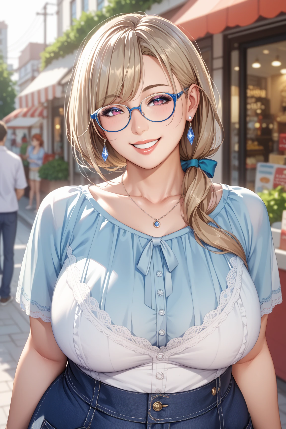 Alone,Mature Woman、 with incredibly big breasts、WIDE HIP、Glamour、 chubby、 plump 、Glasses、 bangs separated at center、smile、Light Blue Blouse、 nasolabial fold 、Shopping Street、Upper body composition、