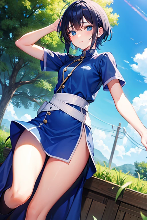1girl, masterpiece, best quality, highly detailed, illustration, yuzuhara yuzumi, outdoors, village, east asian architecture, from behind, school uniform, serafuku, swimsuit under clothes, red hairband, annoyed, looking at viewer, <lora:Yuzumi:0.7>