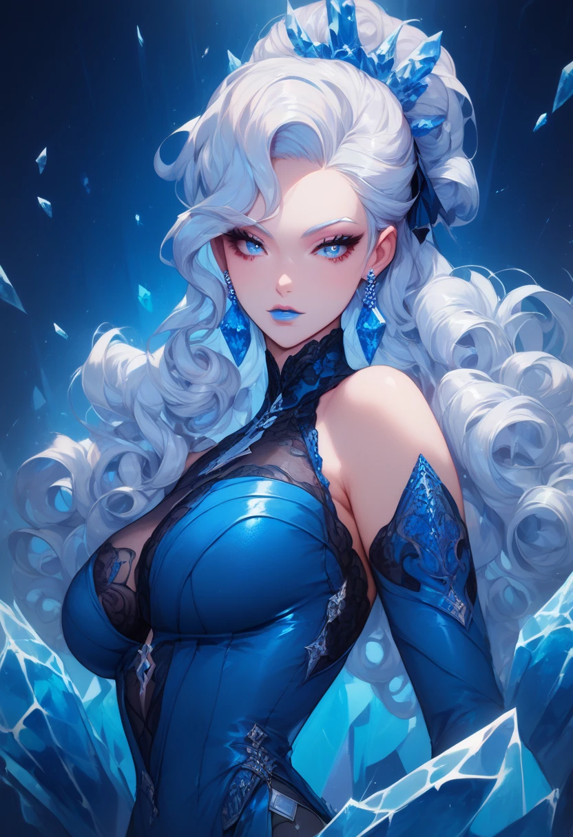 (masterpiece), best quality, expressive eyes, perfect face , female, beautiful woman, long white hair, curls at the end, curly sidelocks, bangs, blue hair tips, blue eyes, white lashes, hourglass body, long tight black and blue dress with one slit and no sleeves, black gloves, blue heels, ice blue lips