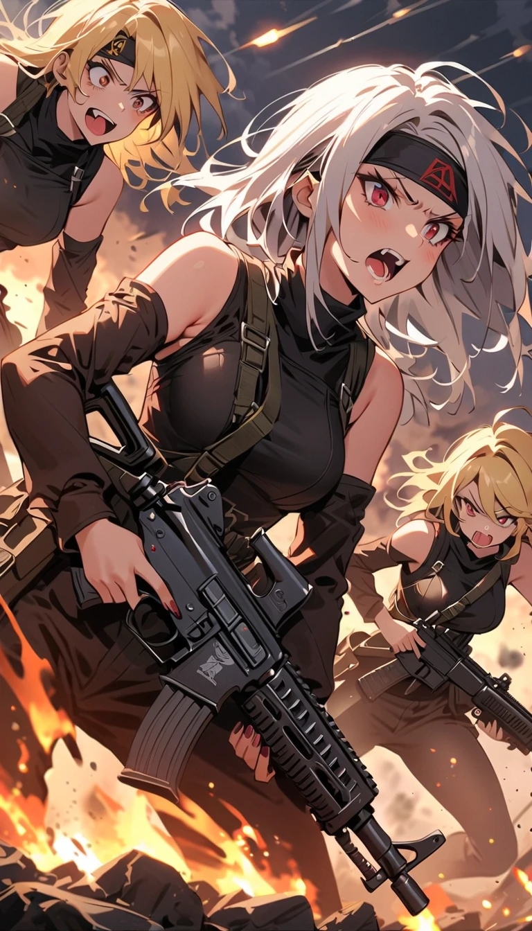 a woman in a bodystocking fights with a girl who has ammunition hanging on his arm, a destroyed factory