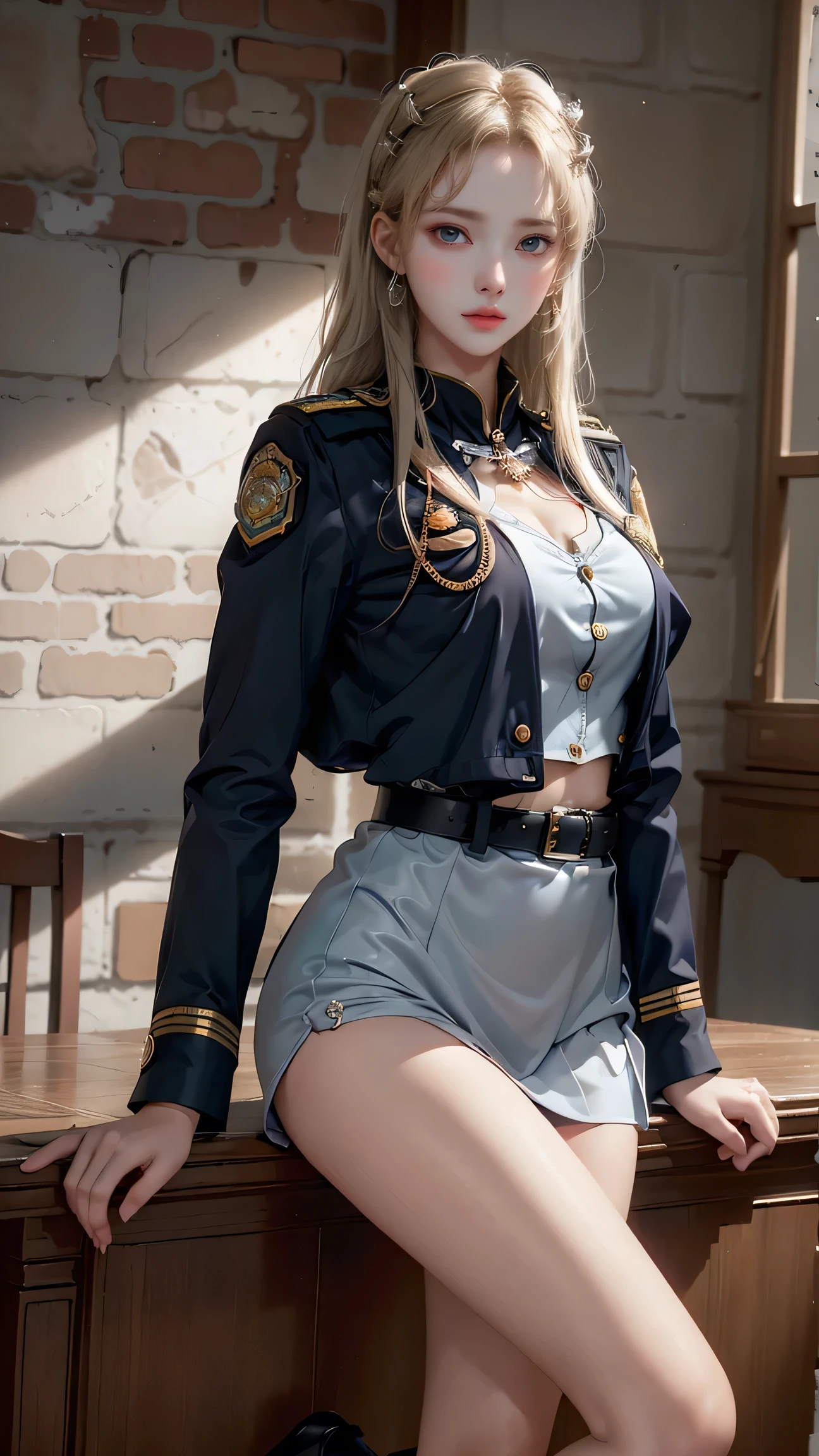 ((A policewoman standing in front of a brick wall)),Highest quality work,Live-action work,Ultra Premium Graphics,8K HD CG Works,High Quality Graphics,High-definition CG works,10x pixels,Ultra-fine detail:1.1,High level of technical detail:1.1 Photorealistic,Natural light:1.5. Lighting Effects(Virtual Lighting Effects:1. 8)、(Golden White Shorthair)、(Bob Hair)、Thin eyebrows、High nose、Nice red lips、Rose Cheek、Casual makeup face、Cute Face、Perfectly balanced face、Light-toned foundation。 A foundation that enhances the transparency of your skin。 ((female officer:1.5)),((Navy blue jacket with emblem on chest)),((Semi-transparent light blue blouse)),((Navy blue tight skirt))。40k, photograph, On the table, Highest quality, Rain Background, ((1.A girl with beautiful eyes and light hair, White skin, Mr.A Pose.((Medium chest::1.1)), Highest quality, On the table, Ultra-high resolution, (Real::1.4), RAWphotograph, (Perfect figure), (slim::1. 3), Slim abdomen, Perfect slim figure, Dynamic Pose, one person, Cold light 12000K, Fine face and skin texture, Fine grain, Realistic eyes, Beautiful fine grain, (real skin), charm, Ultra-high resolution, surreal, Very fine,Long legs、High heels、(Smile)、(I see white panties、