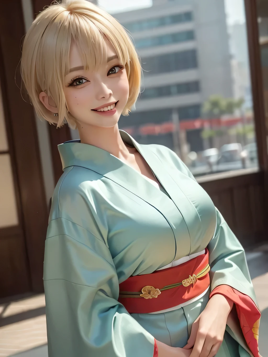 (masterpiece), (1woman), ((pov)), ((portrait)), ((close up)), ((face on focus)), ((look at viewer)), ((standing)), ((city)), 20years old, ((blonde hair, short hair)), ((big smile)), (medium breasts), (in the heat), (red cheeks), ((light green kimono)), ((costume focus)), Japanese
