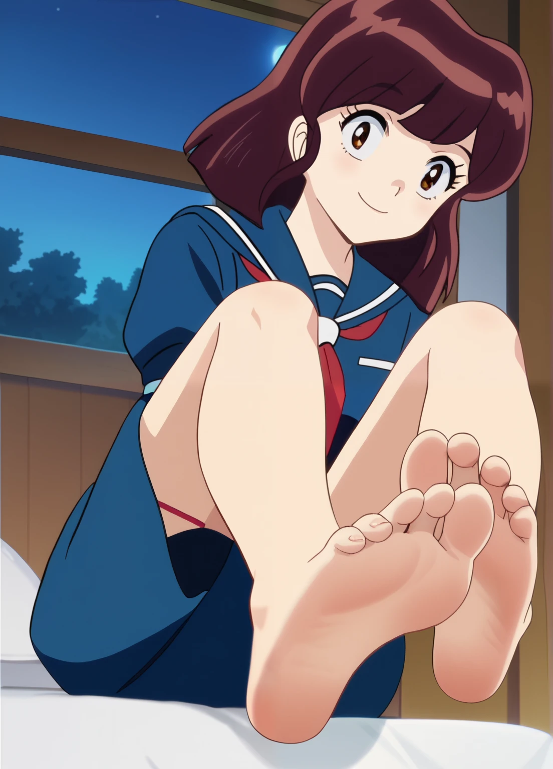 Score_9, score_8_up, source_anime, 1girl, Urusei Yatsura, Shinobu Miyake, straight dark brown hair, large dark eyes, alone, looking at viewer, navy blue skirt, blue blouse with a sailor-style collar, red ribbon, slim and athletic build, night, in her bedroom, sitting on the bed, cowboy shot, ANIME SCREENCAP, anime coloring, barefoot, perfect feet, anatomically correct, soles, low angle, lifting legs to show her soles, focal length 35mm, each foot has five toes, front, symmetrical soles, foot focus, happy gaze, smile