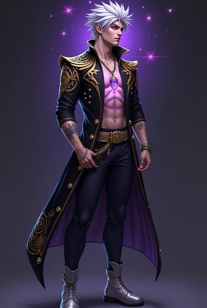 (8k,photorrealistic RAW photograph top-quality;1.4) (1 young boy) Super handsome king of the underworld (lifelike face) (Purple hair, short-haired baby) slenderbody Muscular and macho Big pink eyes Black and red metallic aristocratic costume Golden decoration Fangs peeking out of the mouth Pointed claws a seductive gaze Beautiful expression A hyper-realistic (King of the Underworld) appealing (real looking skin) 超High resolution high détail Black pants and seven luxurious cups Purple aura emanating from the body effect black cloack