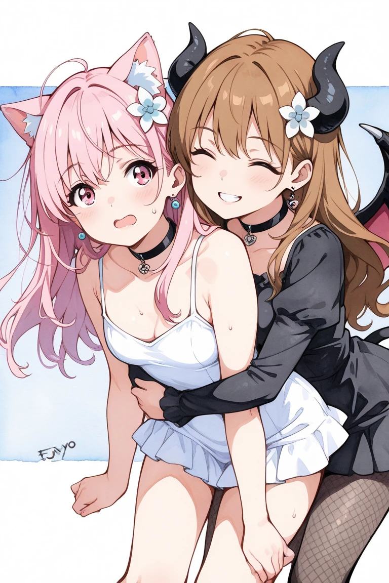 "In an anime-style scene, the 17-year-old pink-haired girl and her succubus counterpart stand side by side, showcasing their contrasting personalities. The pink-haired girl, dressed in her sleek, form-fitting blazer-style school uniform with thigh-high socks, stands with a slight blush on her cheeks, her blue eyes sparkling with a happy, almost bashful expression. She clasps her hands together in front of her, radiating a sweet and innocent charm.
Next to her, the white-haired succubus exudes cool confidence, wearing a revealing bikini, thigh-high boots, and long gloves that highlight her seductive figure. Her red eyes are calm and collected, her expression a mix of sultry allure and self-assured poise. Her bat wings and devil tail add a touch of danger to her look, but she stands relaxed, as if knowing she holds all the power.
The two characters contrast sharply-one innocent any ppy, the other cool and dangerously anuring-but they share a unique bond, standing together in harmony despite their differences."