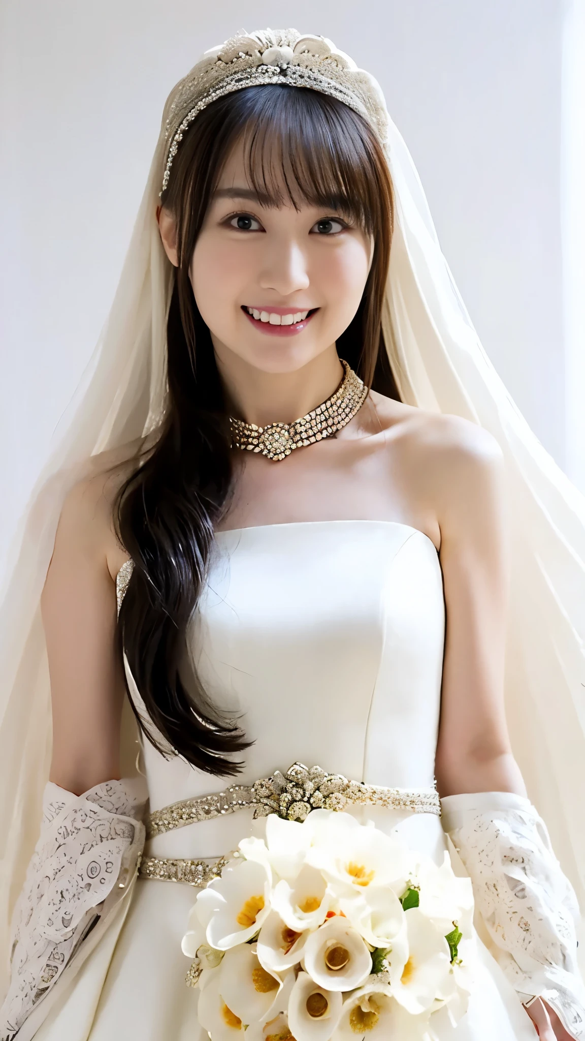 1 girl, alone focus,(bangs,long hair ),(full open wedding dress:1.5),highly detailed eyes, (white skin:1.1,heavy makeup), highest quality, Super detailed 