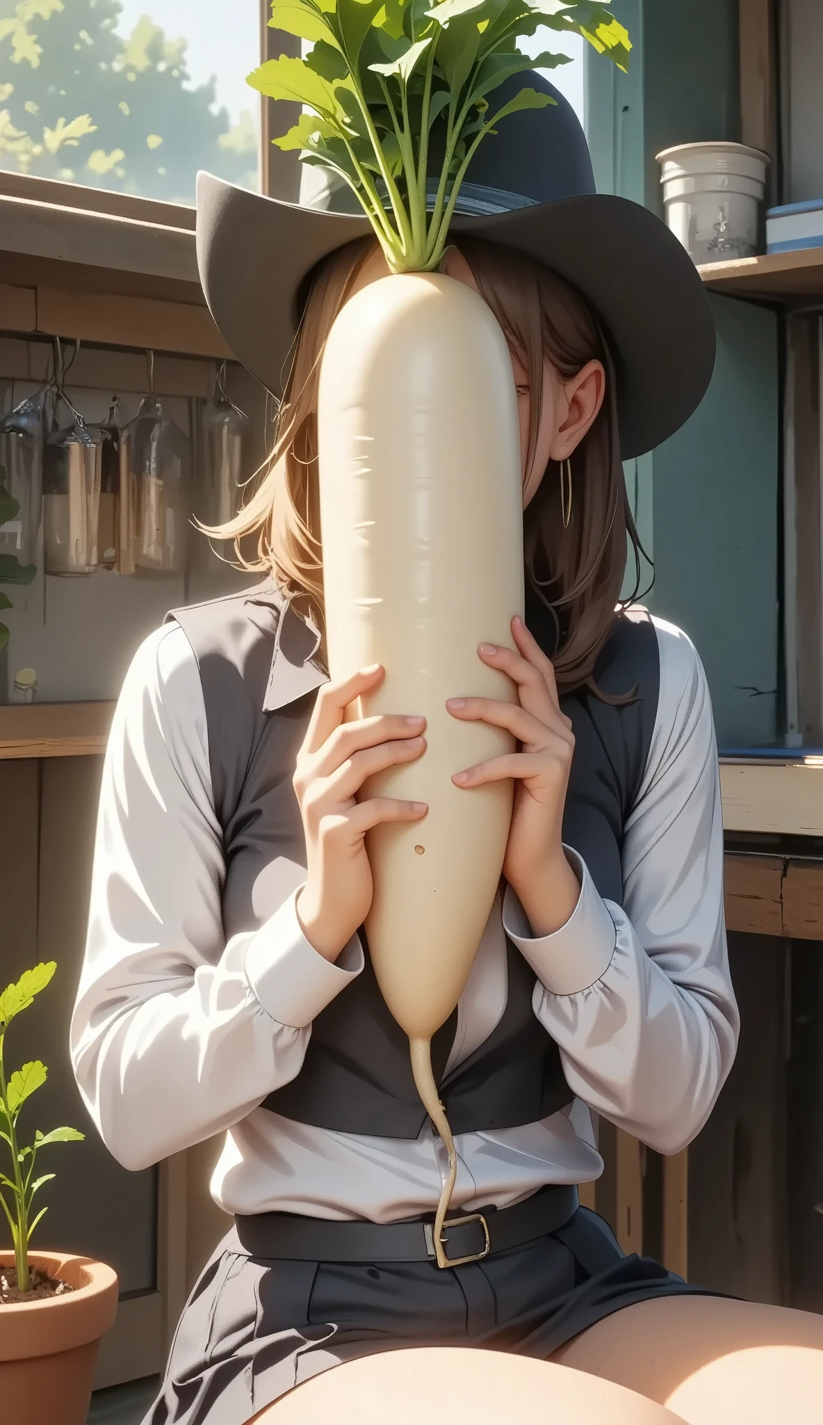 a beautiful young schoolgirl in a cowboy shot, happy, happy, holding a large daikon radish, detailed face and eyes, natural lighting, realistic, photorealistic, masterpiece, best quality, 4k, 8k, highres, ultra-detailed, vivid colors, dynamic pose, intriguing expression, intricate details, beautiful background, cinematic composition, dramatic lighting, high contrast, muted color palette, soft focus, atmospheric, painterly