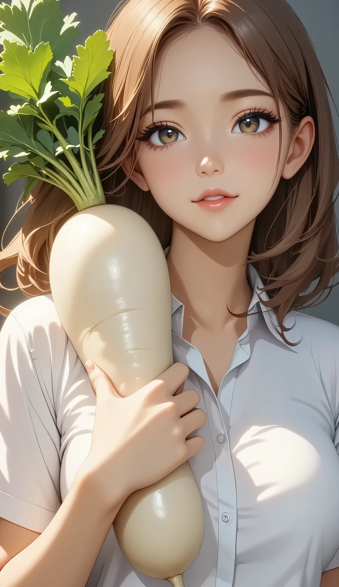 a beautiful young schoolgirl in a cowboy shot, happy, happy, holding a large daikon radish, detailed face and eyes, natural lighting, realistic, photorealistic, masterpiece, best quality, 4k, 8k, highres, ultra-detailed, vivid colors, dynamic pose, intriguing expression, intricate details, beautiful background, cinematic composition, dramatic lighting, high contrast, muted color palette, soft focus, atmospheric, painterly