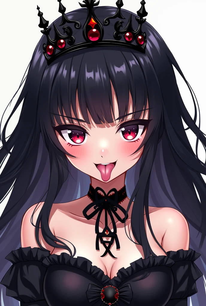 beautiful woman, long wavy black hair, brown eyes, cat ears and tail, fangs, horns,