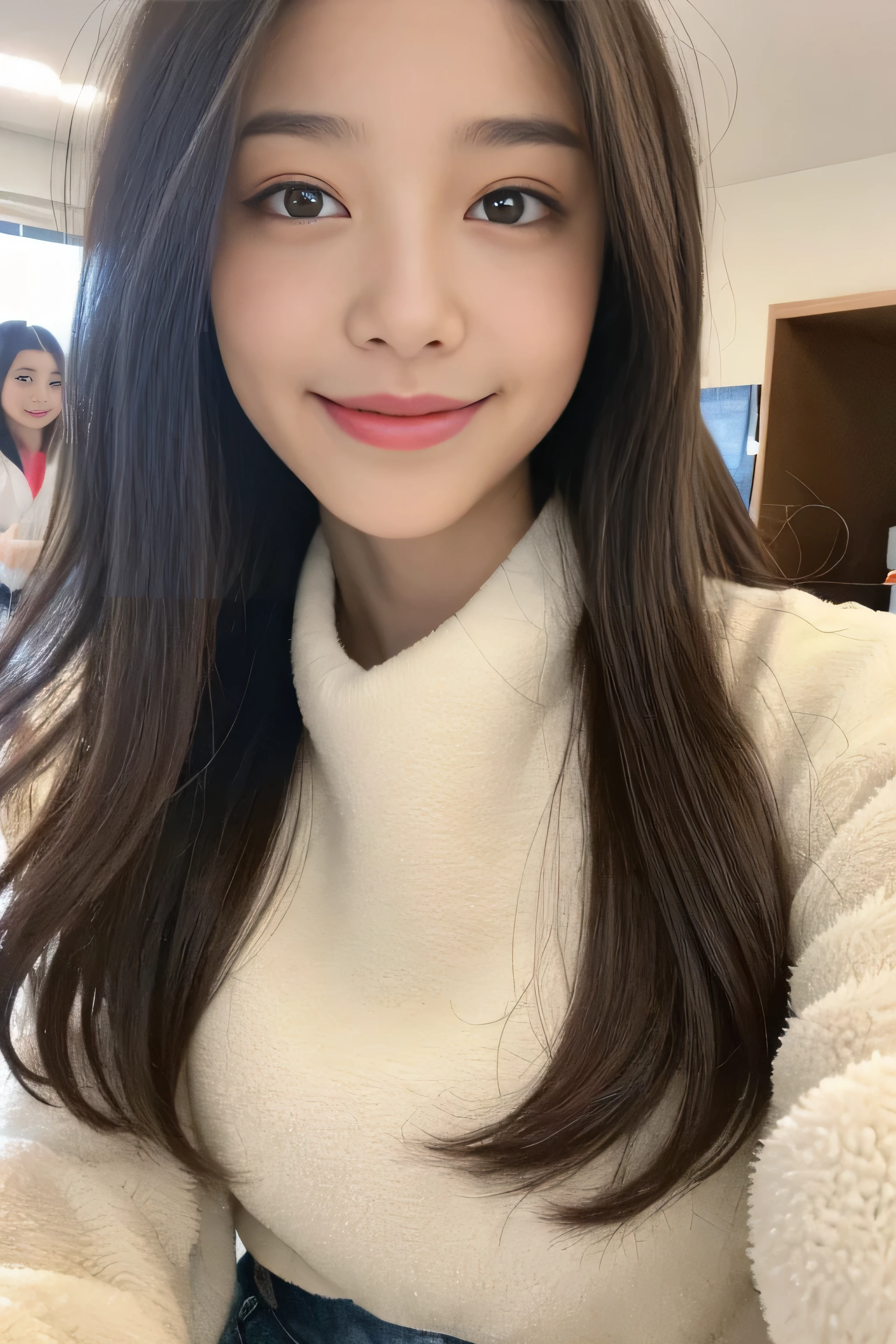 ((Best Quality, 8K, Masterpiece: 1.3, Realistic)), Midnight, Half Body: 1.2, Slender Abs: 1.2, ((Layered brown hairstyle, Medium Breasts: 1.2)), (White turtleneck: 1.1, Heart necklace: 1.1), (Plane seats, In a plane), Highly detailed face and skin texture, detailed eyes, double eyelids, seductive smile, face looking at the camera, holding the camera, hands on the camera, selfie: 1.1
