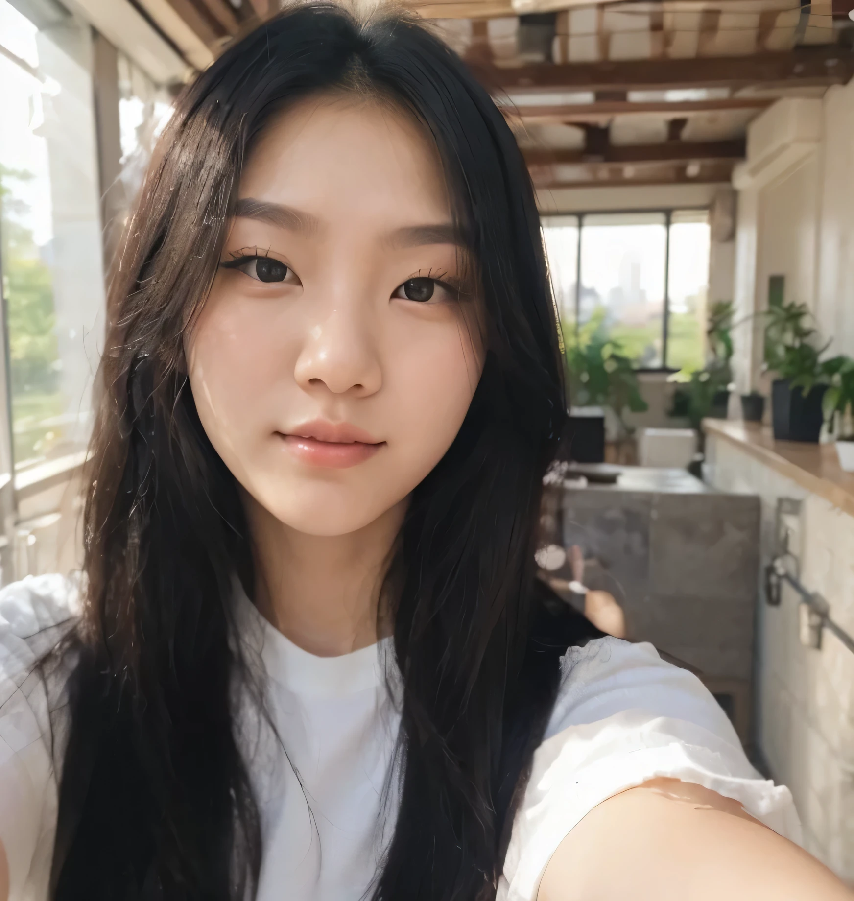 highest quality,masterpiece,Ultra-high resolution,(Realistic:1.4),Beautiful lighting, (Highly detailed CG Unity 8k wallpaper), Beautiful face in every detail,Detailed clothing, 50mm portrait photography, One Girl,Big black eyes, cute, young, Pause, Facial Lighting, Physically Based Rendering,Written boundary depth , Black Hair, Mole under the eye,(Serious face), ((Take from above)), (Please open your mouth wide),Japanese women、20-year-old、White shirt、(Big Breasts),Young and beautiful woman taking a selfie, Taken with iPhone camera