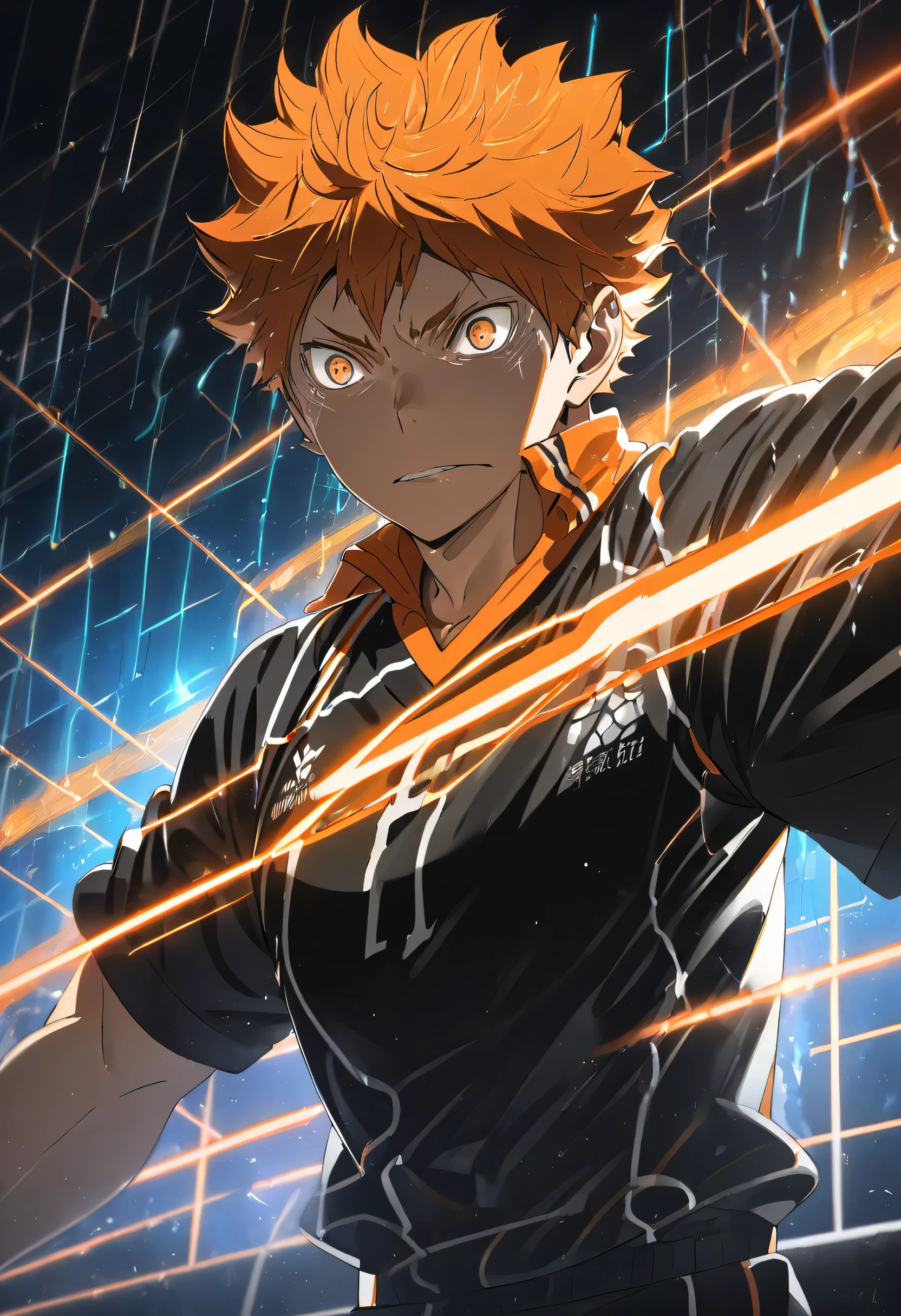 Shoyo Hinata from Haikyuu!!, captured in a high-energy moment, mid-jump and spiking a volleyball directly over the net. The glowing volleyball is inches from his striking hand, with a neon trail showing its trajectory. The scene focuses on Hinata, emphasizing his intense and determined expression, with his messy, vibrant orange hair illuminated by the bright lights of a futuristic volleyball court. His Karasuno uniform is detailed in black and orange, with subtle neon highlights for a modern, high-tech feel.

The background features a holographic volleyball net, neon boundary lines, and a cyberpunk-inspired court with glowing accents. Teammates in matching uniforms are visible but blurred to keep the focus on Hinata's action. The lighting is dramatic, with bright neon effects and dynamic contrasts emphasizing motion, energy, and the futuristic setting.