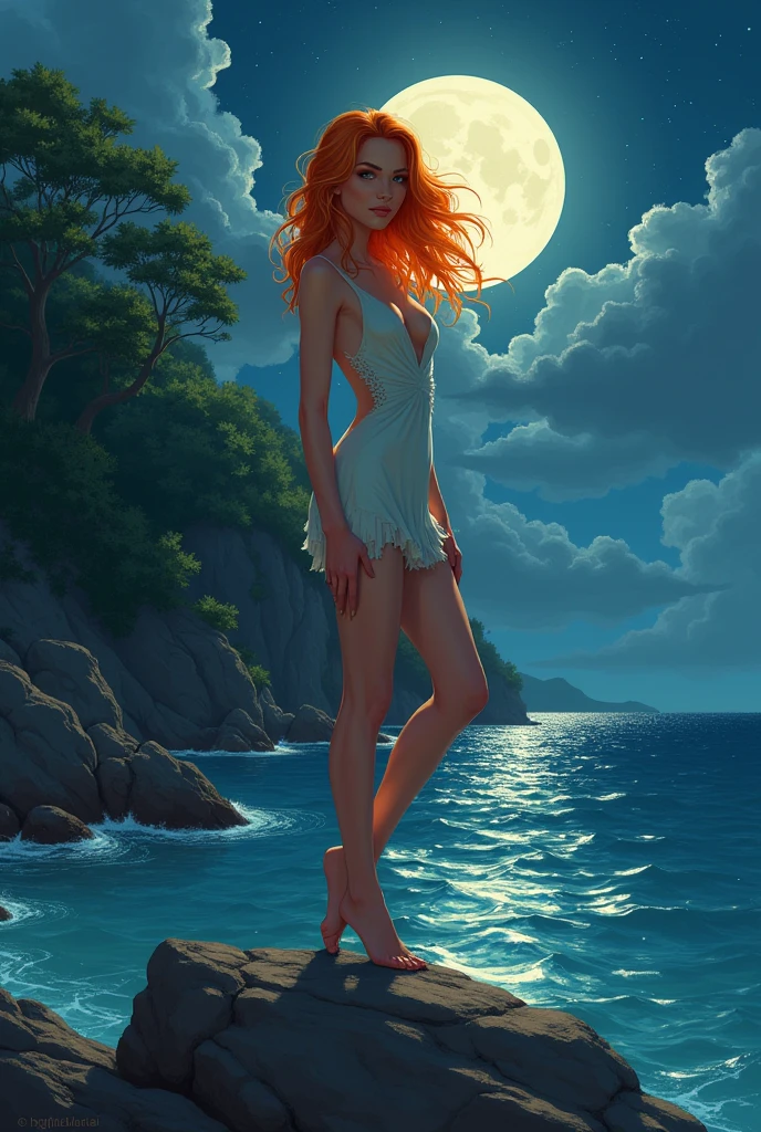 ,(((wrapping_bath_towel))),moonlight,stary_sky,onsen,night,steam,moon,red_hair,beautiful_hair,1_beautiful_girl,cute_face,beautiful,best_quality,good_anatomy, (art inspired by Bill Sienkiewicz). oil painting)