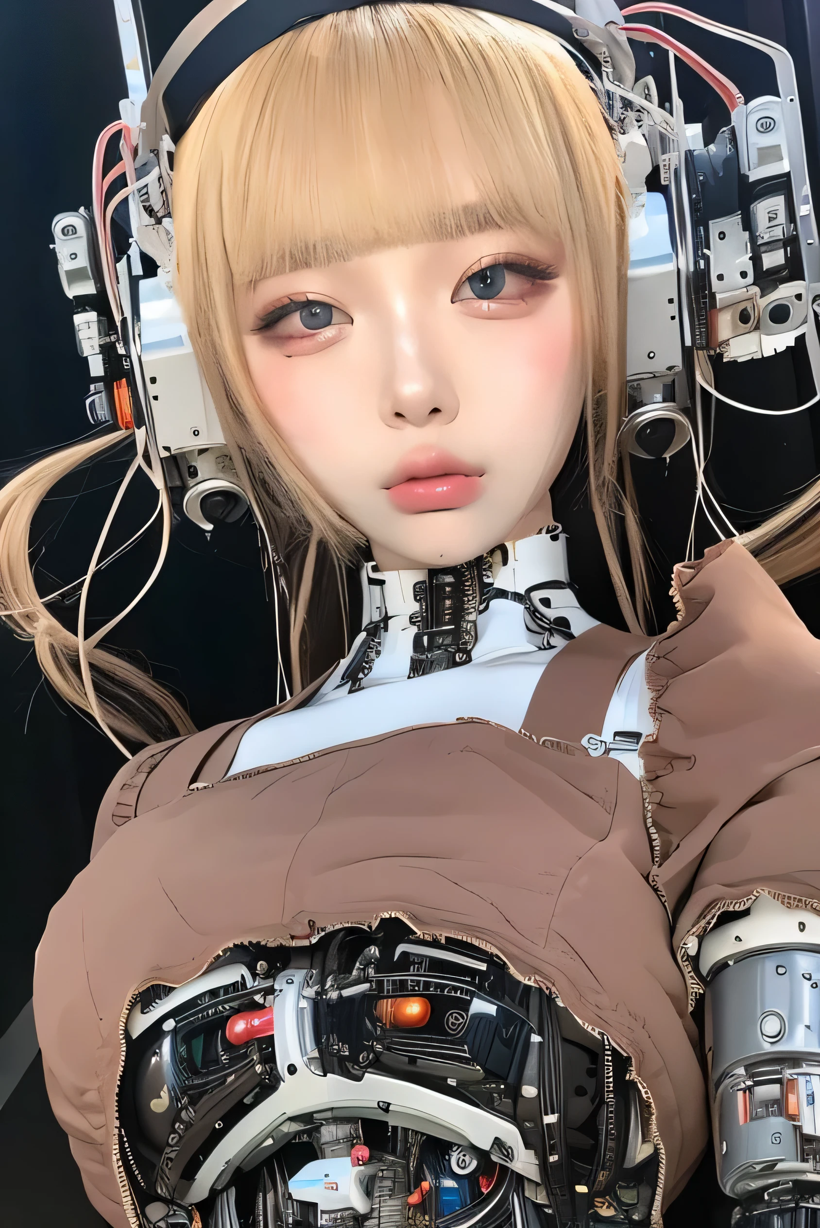 masterpiece, best quality, extremely detailed,portrait,front view,Japaese android girl,Plump,control panels,android,Droid,Mechanical Hand, Robot arms and legs,Blunt bangs,long tube,thick cable connected her neck