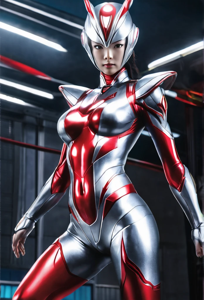 An alien with a crimson body and white lines、Silver Mohawk､Women's Ultra Seven、Sexy pose chest, Multiview, 