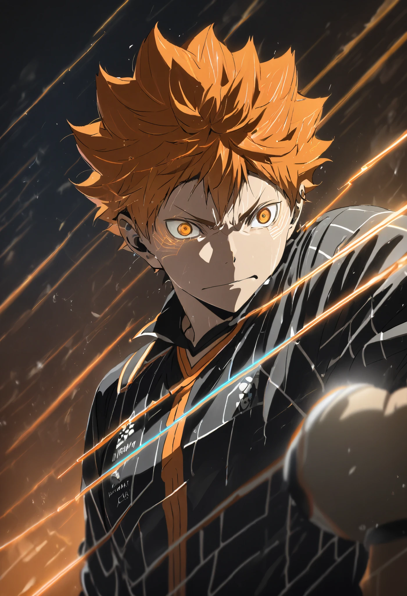 Shoyo Hinata from Haikyuu!!, captured in a high-energy moment, mid-jump and spiking a volleyball directly over the net. The glowing volleyball is inches from his striking hand, with a neon trail showing its trajectory. The scene focuses on Hinata, emphasizing his intense and determined expression, with his messy, vibrant orange hair illuminated by the bright lights of a futuristic volleyball court. His Karasuno uniform is detailed in black and orange, with subtle neon highlights for a modern, high-tech feel.

The background features a holographic volleyball net, neon boundary lines, and a cyberpunk-inspired court with glowing accents. Teammates in matching uniforms are visible but blurred to keep the focus on Hinata's action. The lighting is dramatic, with bright neon effects and dynamic contrasts emphasizing motion, energy, and the futuristic setting.