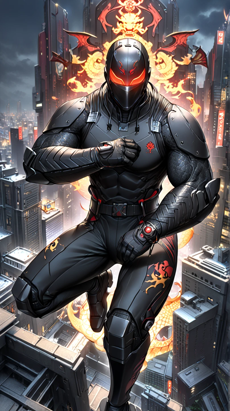  A male ninja is sitting on a city ledge,  cyberpunk art ，Created by Eddie Mendoza , Trending on CGSociety,  Digital Art, Tights , Strong body for men，Jumpsuit.stealth suit ,  is covered by a suit,  detailed figure , The human body , Future Technology City Background, Sitting on the roof,  Hero Pose Colorful City Lights , 高清4K手机wallpaper, 手机wallpaper,  The background is a city , No text, 惊人的wallpaper.Headgear .Closed Mask.（“ Tights，,("leggings.
 full body image .  a modern and deadly ninja warrior  ,  wearing tight black combat armor ， Traditional and technological elements  .  He wears a ninja suit with metal details  ,  that combines his shoulders and forearms  ,  and a belt with a golden dragon emblem  .  and has a deck ， designed for stealth  ,  are displayed His sharp and determined eyes  , Bright amber  ,  his mask covers his face  ,  He wears a metal forehead guard  . On his back,  his design is elegant and lethal  ,  emits a cold glow  ,  He wears a katana  .  Your posture reflects the perfection of a well-trained ninja  ,  is muscular，Well-proportioned body ,  dragon patterns on the blade  .  with red details  ,  his tall boots  ,  reflect speed and strength  ,  reveal his sight ， cleverly highlight  .  He also wears tight gloves and sleeveless armor with knuckle guards and metal wrist braces.( Perfect Picture  )(Epic Image)(4k images)(  Many special effects  )( wallpaper )( video games )