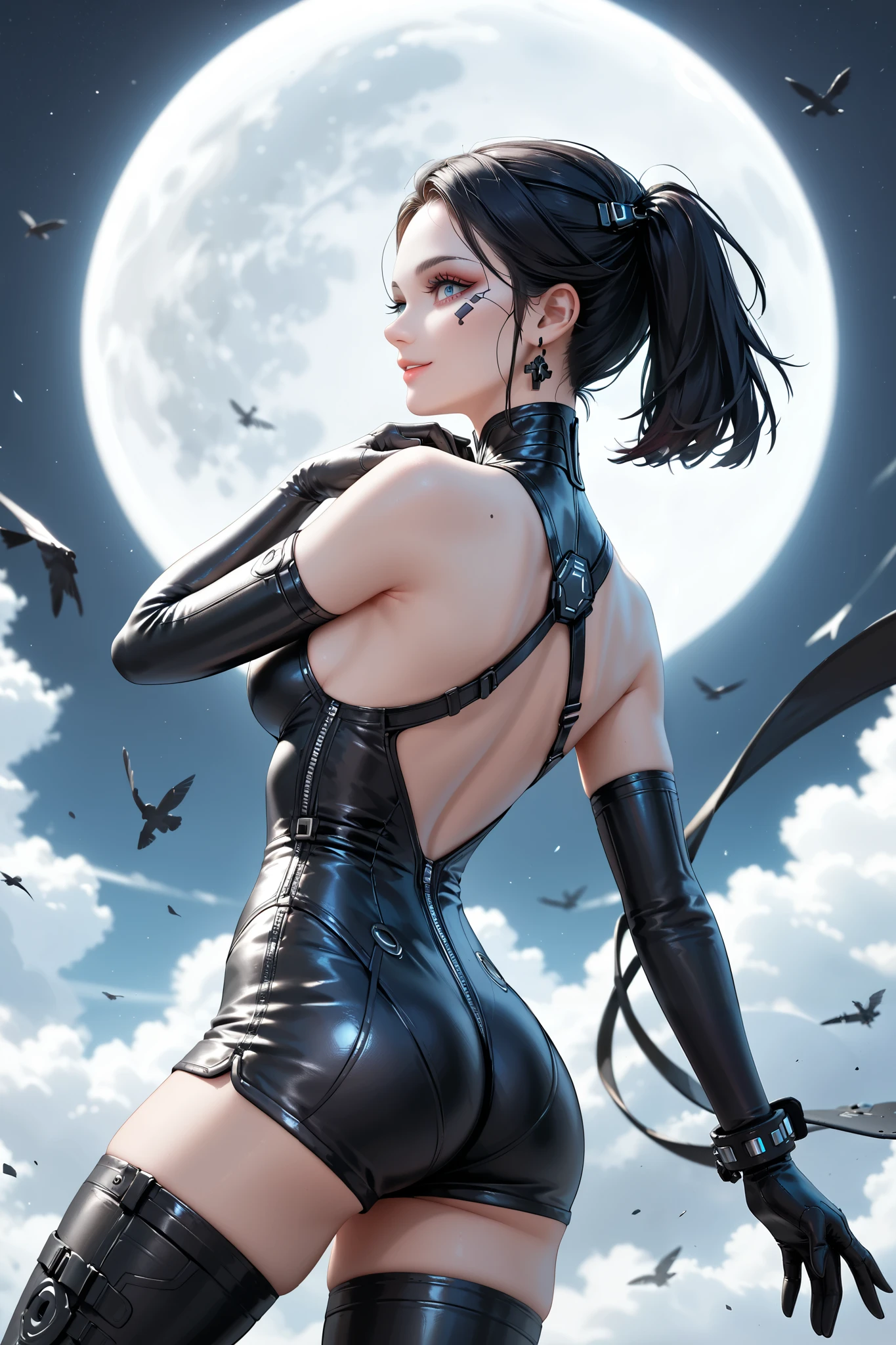 masterpiece. beautiful  emma watson dressed as a nun. Detailed tight costume. crop top. Defined body. Slender. Small breasts. background moon. night. long hair. sitting on a wall that has intricate carvings and jewels. boots. from above.