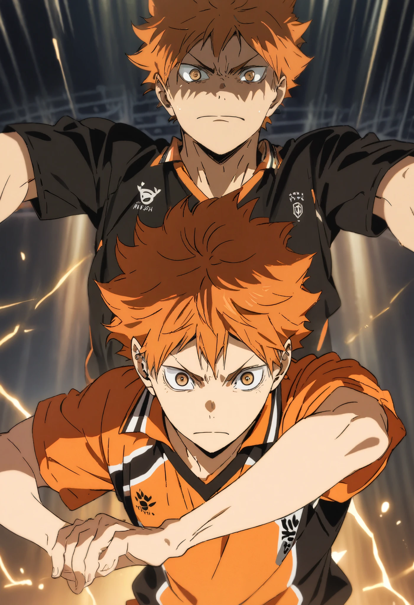 A dramatic, action-packed depiction of Shoyo Hinata from Haikyuu!! in the anime’s signature art style, centered on him as he receives a volleyball with perfect form. Hinata is crouched low, his arms extended forward in a forearm pass, his hands steady and ready for impact. His eyes are locked on the ball with sharp focus, his expression serious and determined. His orange hair is slightly messy, glowing faintly under the bright court lights.

He wears Karasuno’s black and orange uniform, his jersey creased naturally with the motion. The volleyball hovers just above his forearms, glowing faintly to emphasize its trajectory. Behind Hinata, his teammates are positioned across the court in matching black and orange uniforms, their forms slightly blurred to keep the focus on him.

The futuristic volleyball court is illuminated with neon boundary lines and a glowing holographic net. The scene captures the energy and intensity of the moment, with dramatic lighting and dynamic shadows enhancing the sense of motion and impact. Vibrant colors and bold shading complete the aesthetic, staying true to the high-energy style of Haikyuu!!.