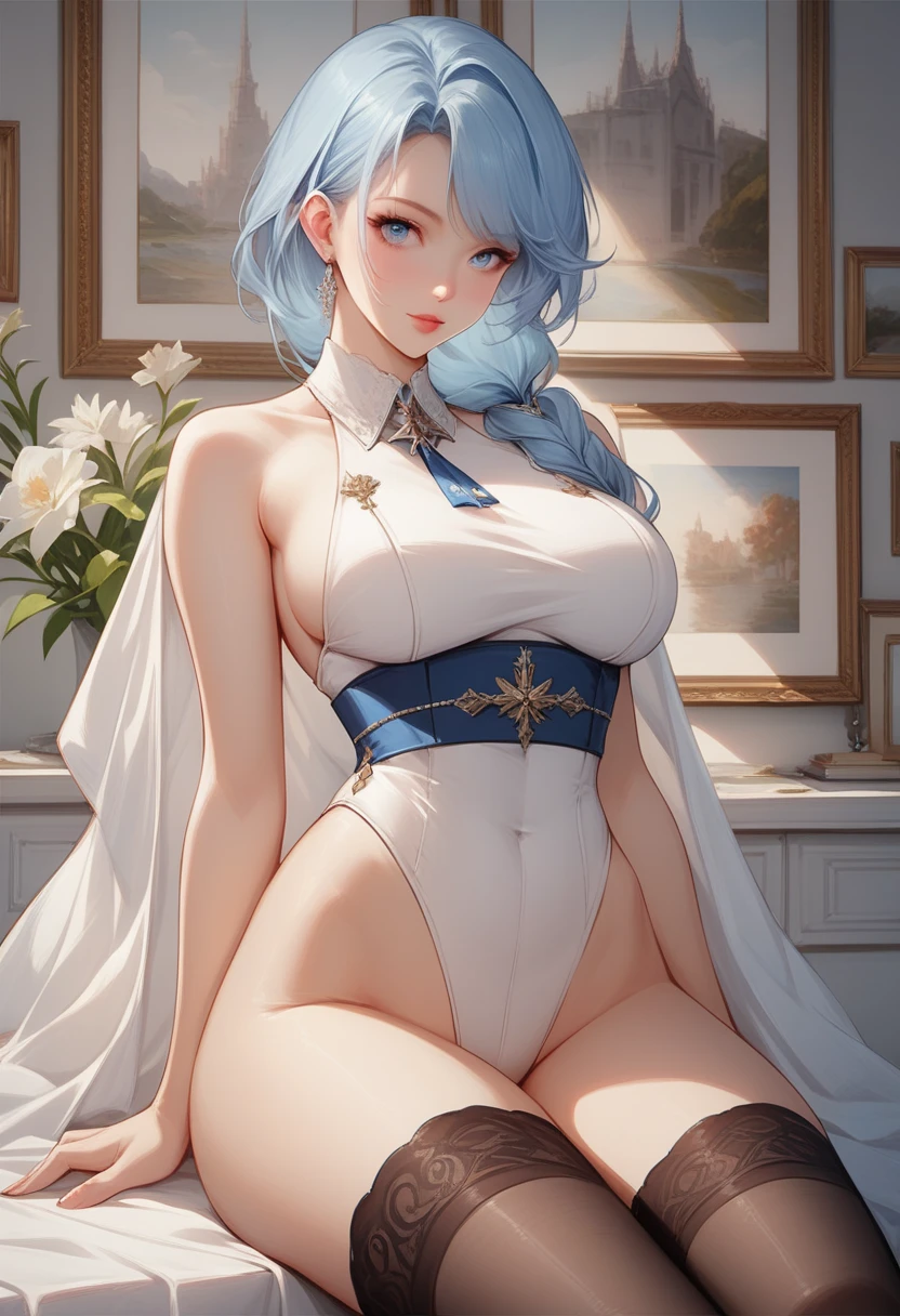 Curly and light blue hair、hime-cut、Girl with golden eyes、View of the crotch from below、flat chest、Thin pubic hair、Beautiful open legs、White military uniform