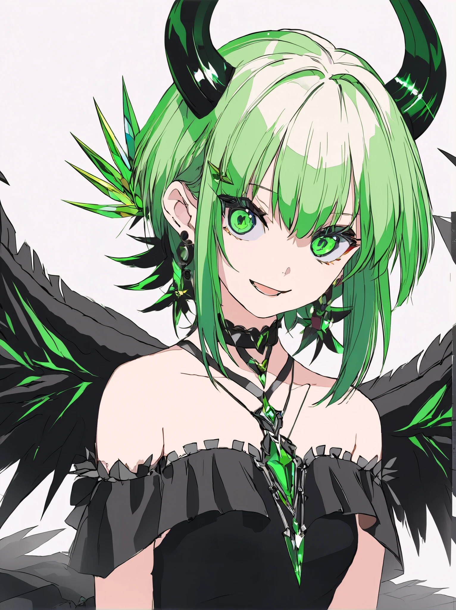 Masterpiece , top quality, 1 girl , leotard 、 upper_body, Solo, Green, smile, , green_eye, horn, ringS, _ piercing above spo, gem, 前hair, woven , streaked _hair, Multicolor_hair, pointy_S, off_ shoulder, black_nail, devil_wingS, watching _in_ viewer, green_background