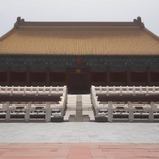 The smoke filled Forbidden City, the palace, the golden tiles, the beautiful rendering of the Tang Dynasty, Beijing, the dreamland of China, the gray white sky,