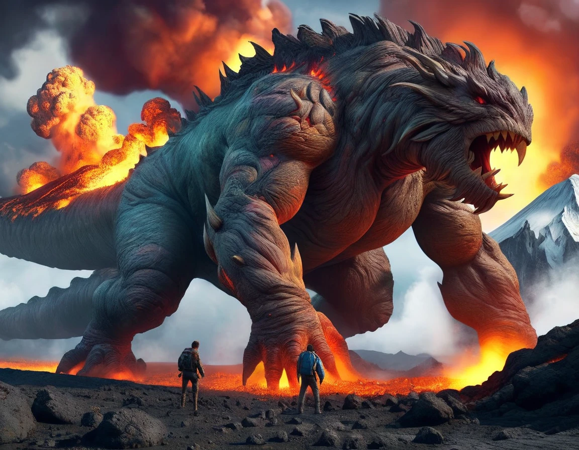  biology, giant biology,  monster , On the back, on fourth, 3d,  volcano background, very