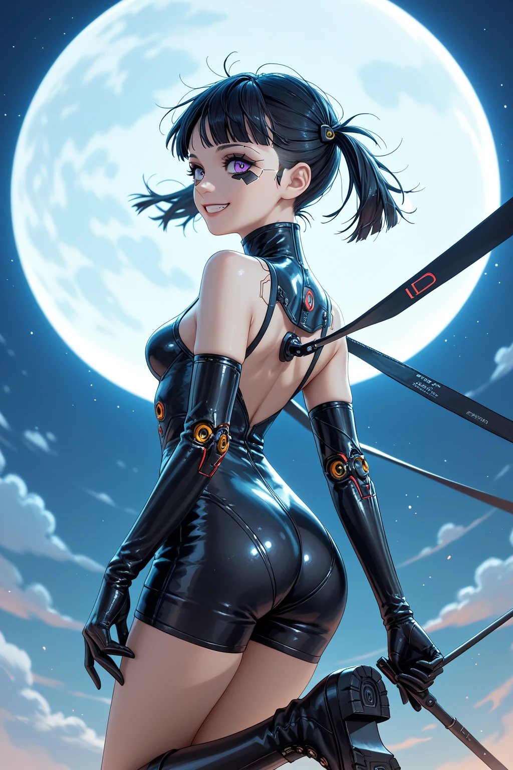 Young animated boy with somewhat fluffy hair Boku no Hero style; black with brown and a little white, certainly toned physique and more in the legs (without exaggerating), medium, and certainly attractive, along with bunny ears and tail while wearing a sleeveless black leotard with dark purple trim around the shoulders and waist, a wide white crescent moon design on his chest and two thick metal plates on his waist. She wears purple thigh-high boots to complement her leotard., with more plates around the heel and toe areas, making his feet look like a rabbit&#39;s, He also has white gloves on his hands., with long cuffs, sporting small triangular bumps around the edges