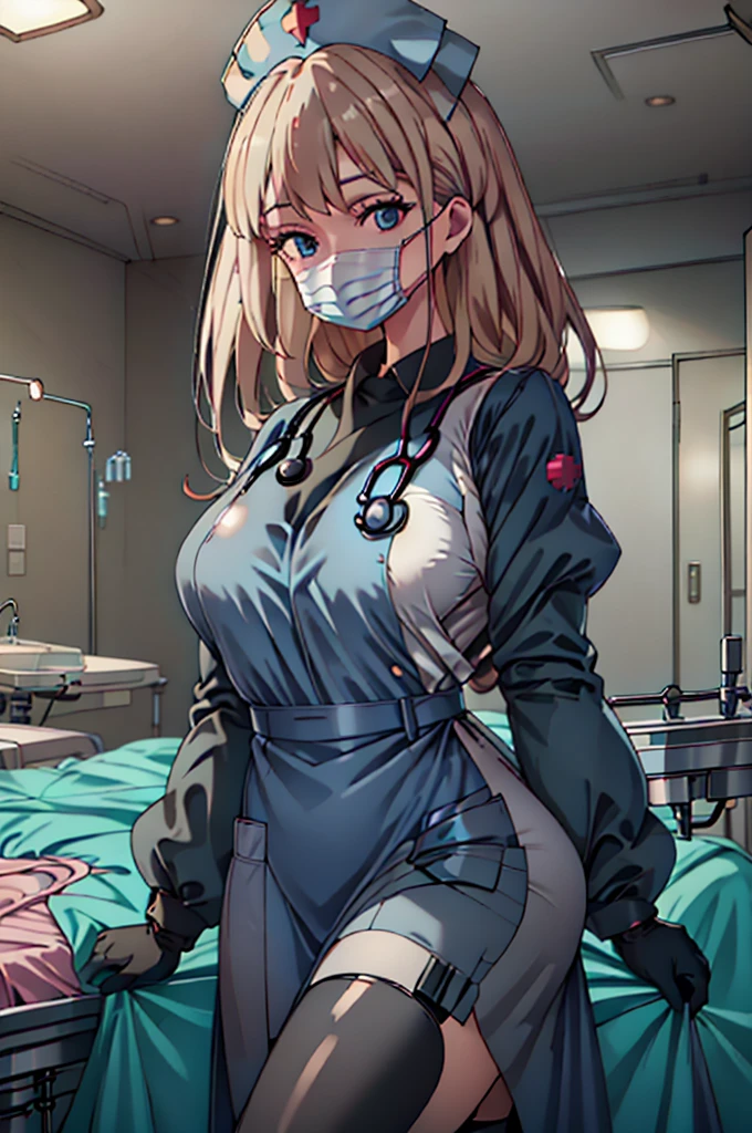 black nurse, 1woman, solo, black nurse cap, black wear, ((black legwear, zettai ryouiki)), black elbow gloves, blonde hair, blue eyes, ((black surgical mask, covered nose)), standing, ((surgery room)), sharp outline, short sleeves, mature female, 35 years old, best quality, masterpieceУши животных, Уши кошки, Высокое разрешение, Точность, Сверхвысокая чёткость, 