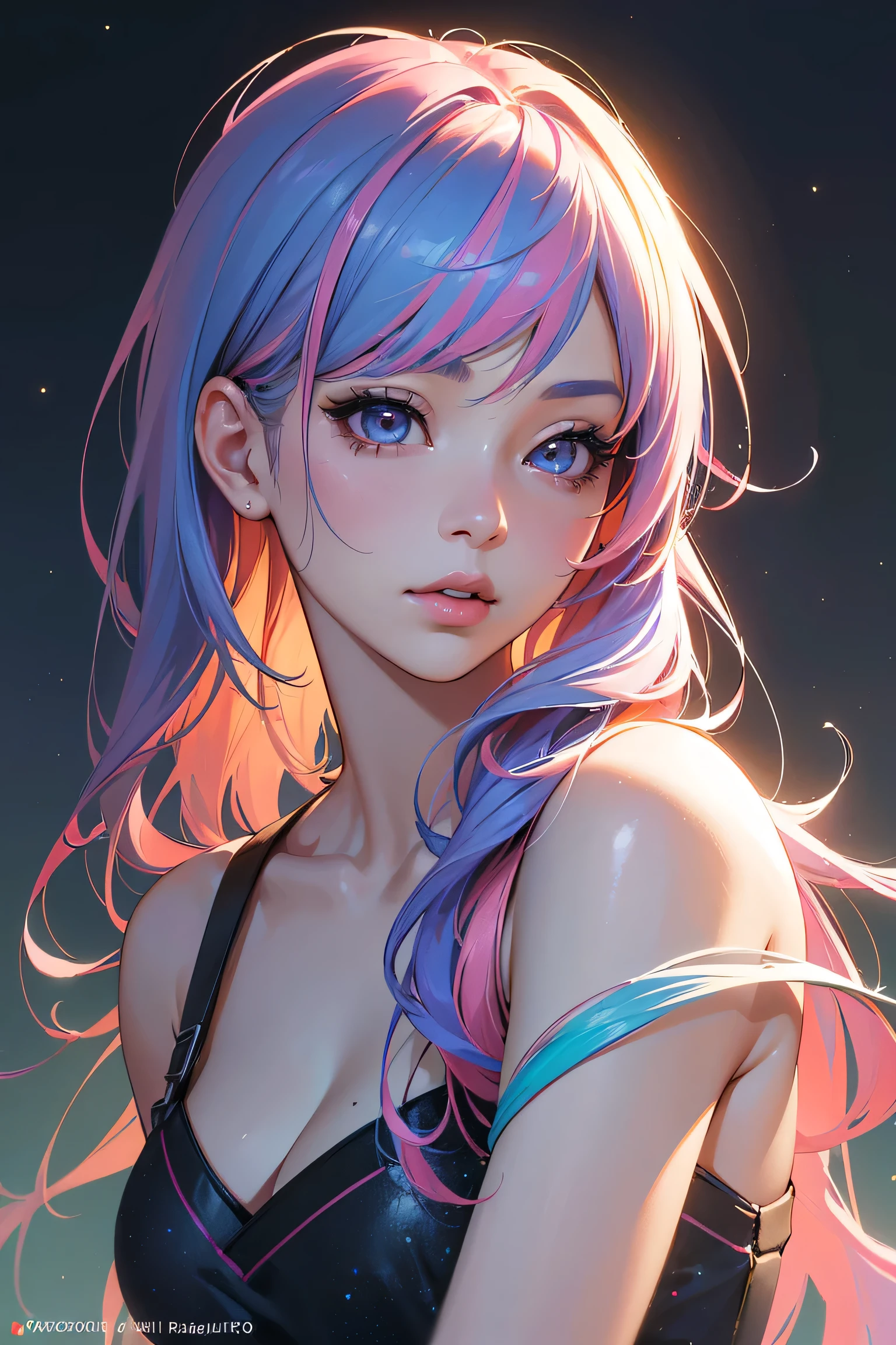 Park,Dressed, cleavage,flirting with camera,(photographrealistic:1.4), (Hyper realistic:1.4), (Realistic:1.3),(Smoother lighting:1.05), (increase cinematic lighting quality:0.9), 1girl in, a 18 year old girl, (Long pink hair, (Multicolored) Blue, Red, Yellow, Rainbow Hair:1.6),Realistic lighting, Backlighting, Light on Face, sun shining, Shiny skin, solar flare,(Blue eyes:1.4),(Brightening light:1.2), (Increase quality:1.4),(Top quality real texture skins:1.4), finely detailed eyes, finerly detailed face,(tired and sleepy and joy), close up of face, Dark blue bikini、(Increase body line mood:1.2), (Increase the beauty of skin texture:1.2)
