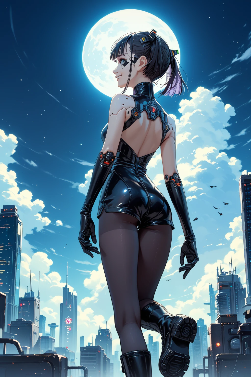 <lora:kasumiYoshizawa_e5:0.8> dskasumi, leotard, from side, night, moon, city