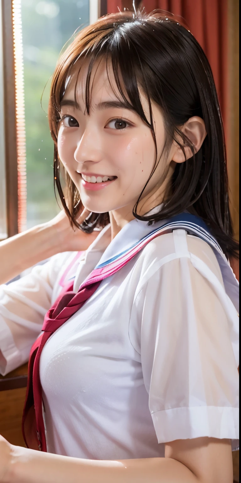 ulzzang-6500-v1.1, (Raw foto:1.2), (Photorealsitic), a beautiful detailed girl, extremely detailed eye and face, beatiful detailed eyes, huge filesize, (huge tit), hight resolution, ighly detailed, top-quality, [​masterpiece:1.6], [JK school uniform], illustratio, ighly detailed, CG, finely detail, top-quality, Highly detailed CG uniform 8k wallpaper, Cinematographic lighting, 1girl in、17 age、Cute Japan high school girl、perfect body type、[Wearing a white school blouse with the front button unbuttoned]、large, taut chest、[huge-breasted、heavy breasts、H-cup:1.8]、Cute droopy eyes、Beautiful big eyes、White School Blouse、bra very、Sweating and getting wet、[sexual excitement:1.1]、[lyin in bed:1.5]、Raise both hands、School uniform ribbon around neck、a smile、(the whole body is wet)、Shining eyes