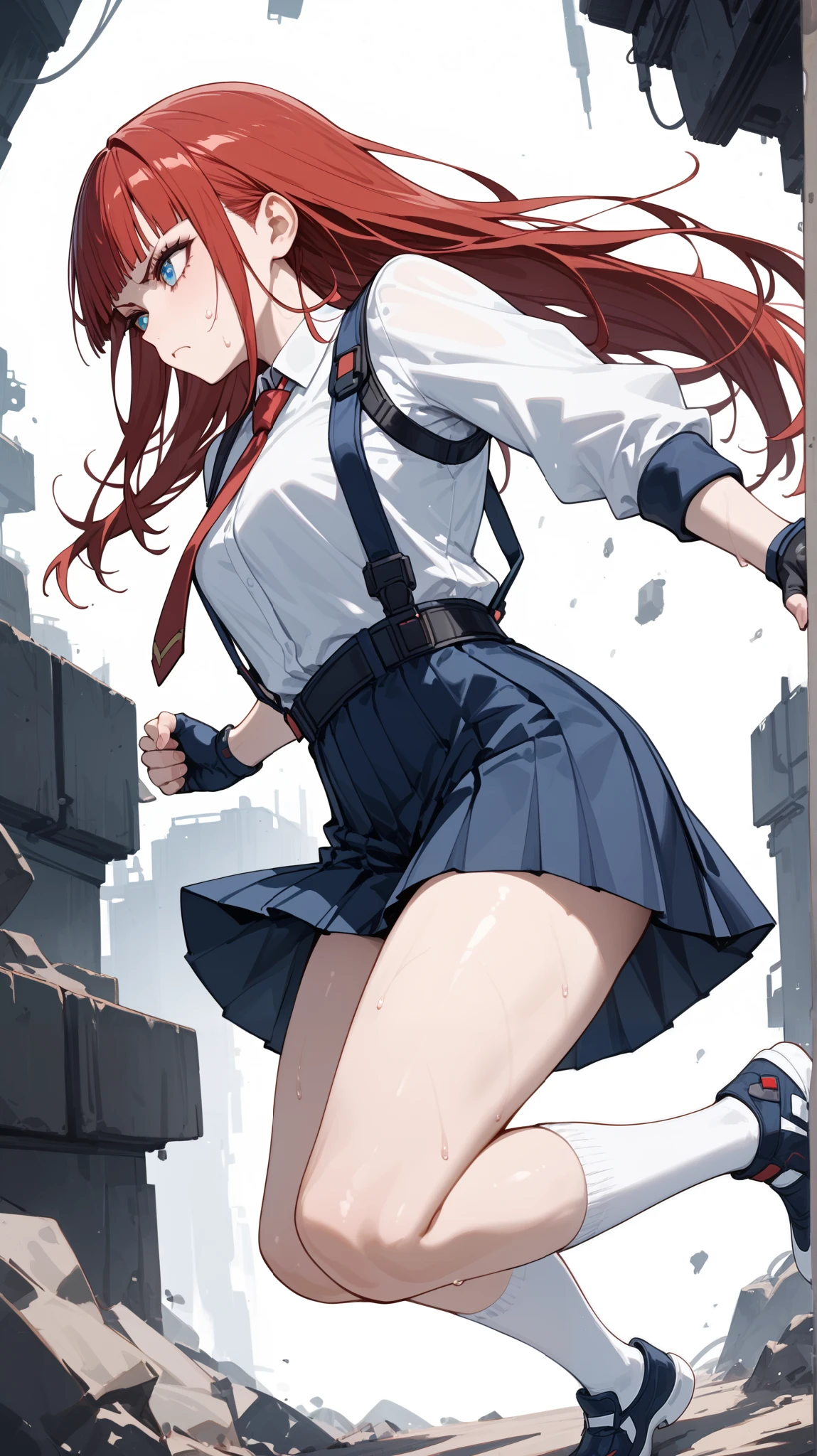 Fight, jump,{{masterpiece}}, {{{best quality}}},{{ultra-detailed}},from side , action、 adult woman、cyberpunk,blue suspenders, blue Pleated Miniskirt,white Long sleeve white blouse,,black fingerless gloves,Red tie,White socks,Straight hair,Long hair ,Red Hair, blunt bangs、 white background 、sweat,serious,blue eyes,Flat colour anime style image showing、hand ,A glimpse of black inner shorts inside the skirt,hand,Flat colour anime style image showing