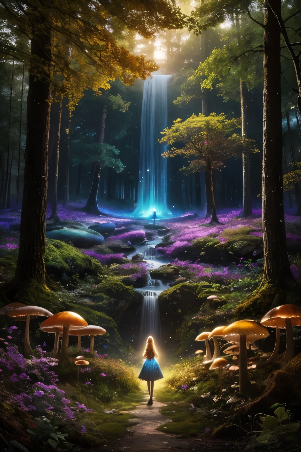 A dreamlike fantasy landscape, a surreal forest with glowing mushrooms, floating islands, and a whimsical castle in the distance, 1girl, detailed face, beautiful eyes, long hair, detailed dress, walking through the mystical scenery, (best quality,4k,8k,highres,masterpiece:1.2),ultra-detailed,(realistic,photorealistic,photo-realistic:1.37),fantasy,surreal,dreamscape,magical,ethereal,glowing,vibrant colors,dramatic lighting