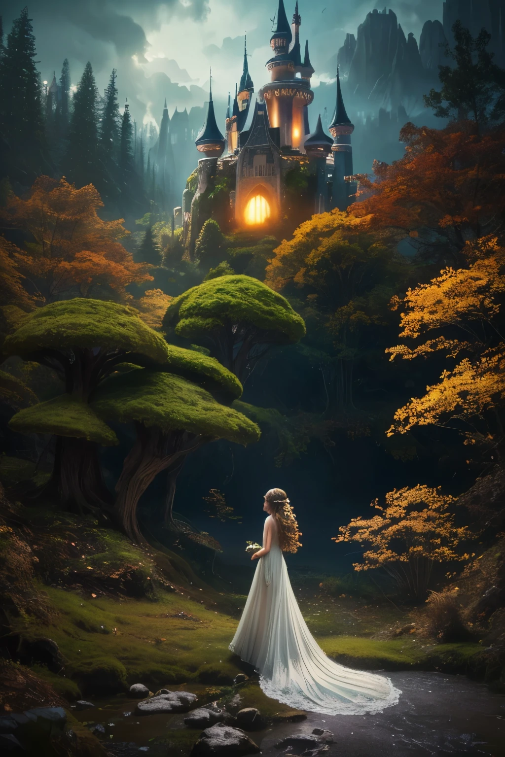 A dreamlike fantasy landscape, a surreal forest with glowing mushrooms, floating islands, and a whimsical castle in the distance, 1girl, detailed face, beautiful eyes, long hair, detailed dress, walking through the mystical scenery, (best quality,4k,8k,highres,masterpiece:1.2),ultra-detailed,(realistic,photorealistic,photo-realistic:1.37),fantasy,surreal,dreamscape,magical,ethereal,glowing,vibrant colors,dramatic lighting
