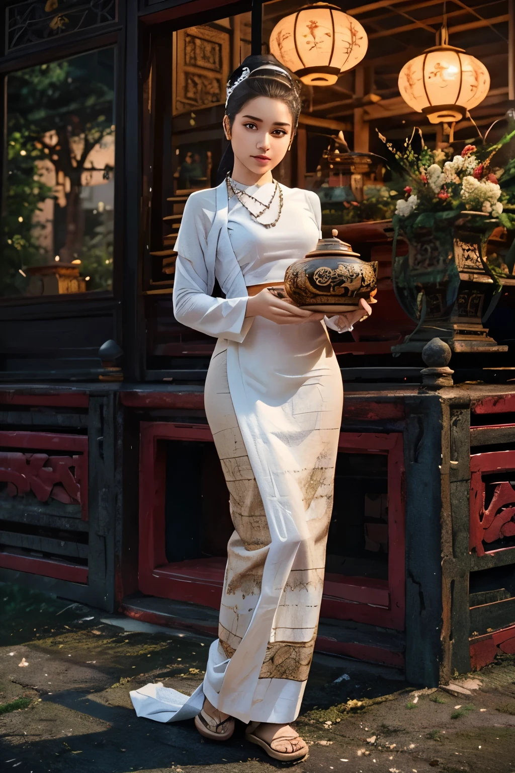 MMTD Burmese patterned traditional dress lady full body
details, nice fac
e, fair skin, traditional royal white dress, wearing Parel
necklaces, traditio
nal hair style, long scarf on shoulder, standing on
traditional style, beautiful and
graceful style, carried the Burmese Lacquer ware
(((Hsun-ok ))); ((Lacquered offering vessel)), in one hand and
the side of the
chest, best composition, full view covered sho
t, cenimatic lightning and ultra realistic details, octane
rendering, sharp fo
cus, unreal engine,3 2k hd resolution, masterpiece of
photography, prize w
inning award level picture, perfect anatomy