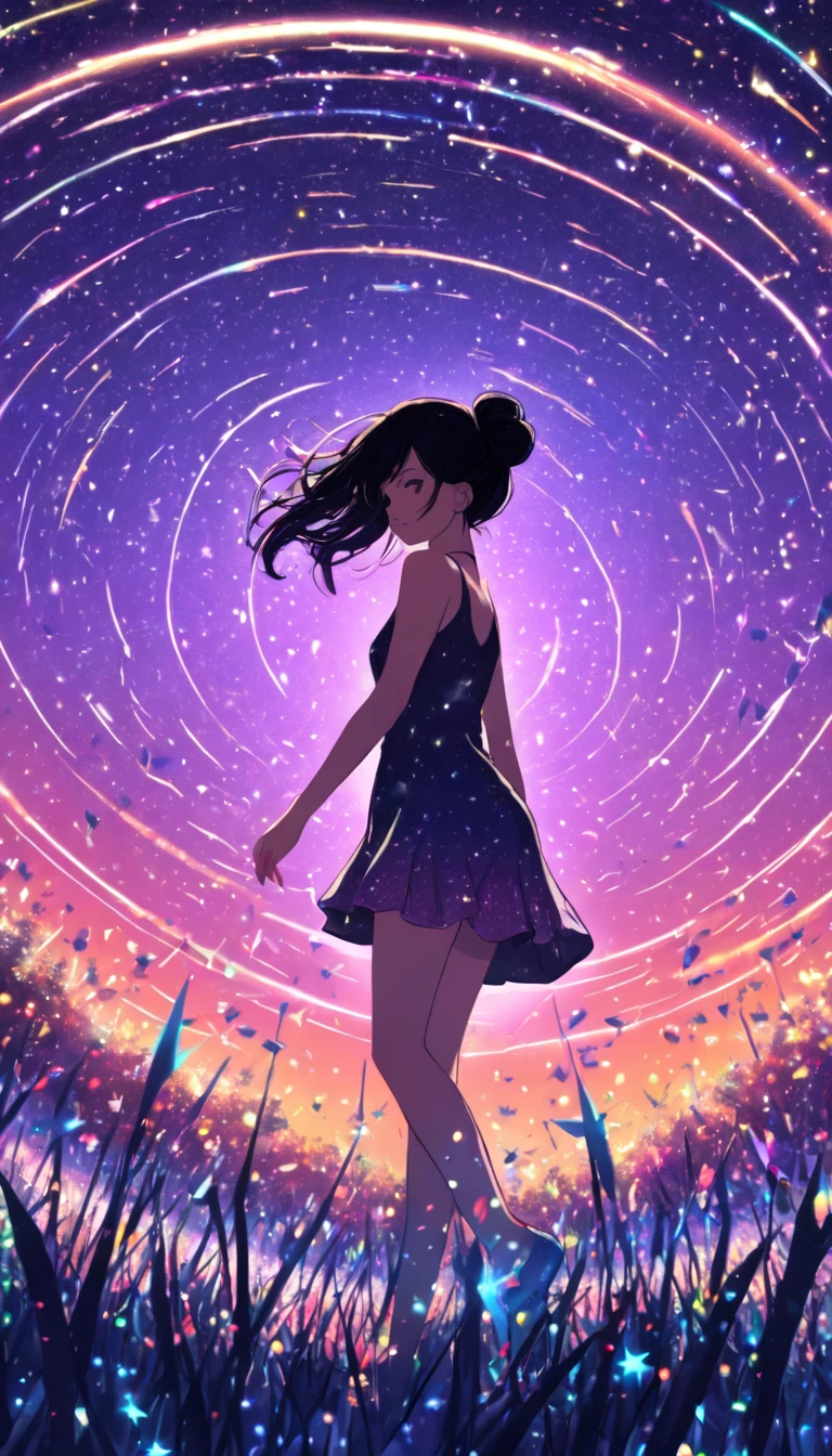 A girl in a rainbow-hued mini-dress, black hair in a bun, surrounded by thousands of shooting stars.