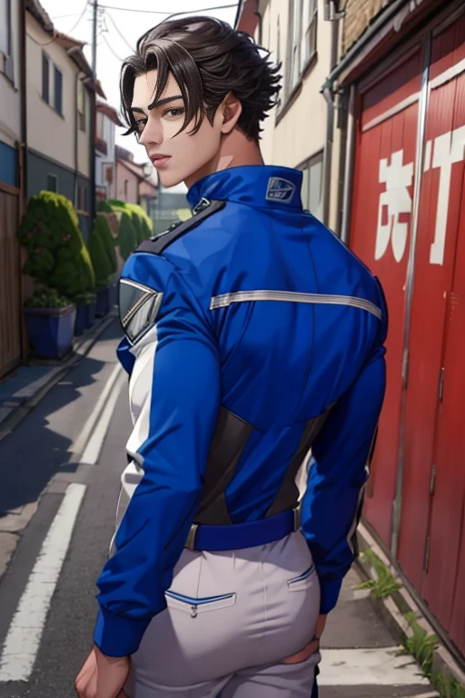 (  top quality ), ,Back Alley,  Japanese with a cool and handsome face ,Beautiful young 18 years old , Handsome guy with a sexy body, shiny power rangers suit, 