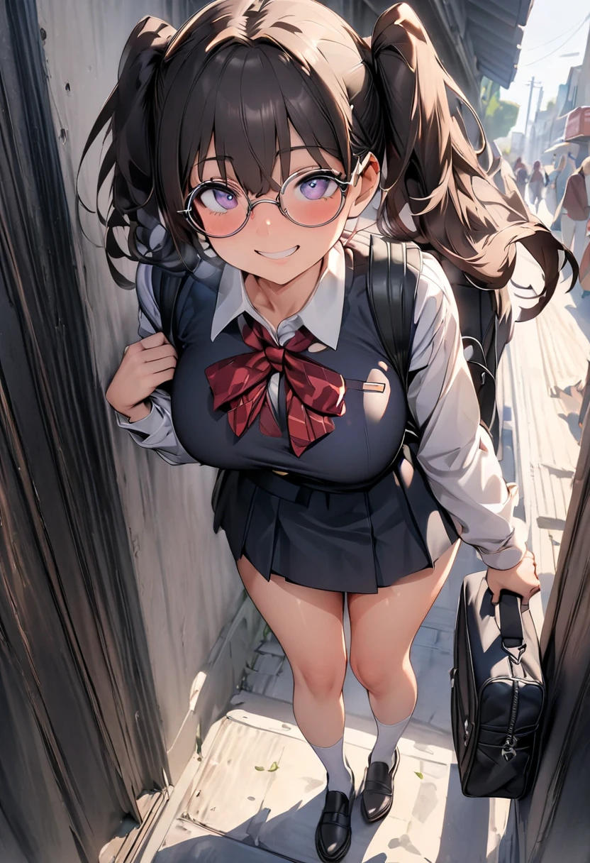 masterpiece, Highest quality, Nico_Yazawa,High resolution, 1 Girl, alone, Brown Hair, short hair, Twin tails、Purple eyes, (Cleavage)、(Beautiful thighs)、city, Outdoor, garden, Carrying a red backpack, (randoseru backpack:1.2) Sweaty、Thick thighs、Highest quality、4K、1girl, 8years old, loli, cute, grin, 、Skirt lift striped underwear、In the city、Many passersby are surrounding the girl.、、Thick thighs、Ahegao、Men holding their penises and surrounding girls、Semen from the penis、Bukkake、Bukkake、(Bukkake)