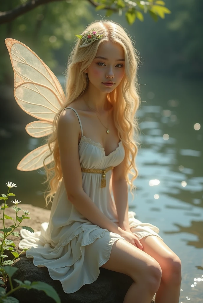 highest quality、High resolution、Super detailed、masterpiece、(Live shooting:1.5)、genuine:1.5、photogenuineistic:1.5、very delicate and beautiful、small details、(european:1.4)、(spread your legs:1.3)、Elegant and beautiful fairy portrait、She is in harmony with nature、beautiful like a fairy、Clear, glowing skin、emerald green eyes、(delicate and soft blonde hair)、light, Feather-like hair ornaments and accessories、Elegant and flowing fairy-like costume、A background that blends in with nature