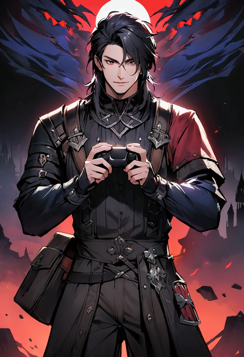 Create a professional gaming logo featuring a handsome male character inspired by Blackmoor 2 enemies. The character should have a medieval fantasy look, holding a gaming controller in both hands as if actively playing. The design should include vibrant colors with dark tones like black and red, making it dynamic and adventurous. In the background, elegantly write the text 'Ultimate Gaming Adventures' in a bold and stylish font that complements the character's theme. The overall aesthetic should be modern, epic, and suitable for a gaming brand."