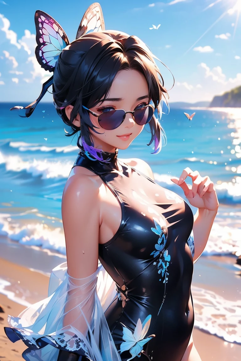 (beach:1.3), high detailed, 8k, highres, (k/da all out kai'sa), league of legends, k/da \(league of legends\), 1girl, solo, cowboy shot, official alternate costume, black hair, multicolored hair, long hair, very long hair, ponytail, long ponytail, streaked hair, green hair, two-tone hair, purple eyes, lips, jewelry, earrings, makeup, bare shoulders, crop top, black crop top, collarbone, collar, shiny clothes, detached sleeves, breasts, medium breasts, crystals, gloves, elbow gloves, single fingerless glove, midriff, belt, pants, white pants, tight pants, high-waist pants, looking at viewer